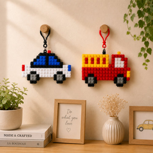 Fire Truck & Police Car Set | InBrix™ Charms | Interlocking Bricks 2D Figure Building Set | Collectible Display Build | Brick Charm Gift For Kids