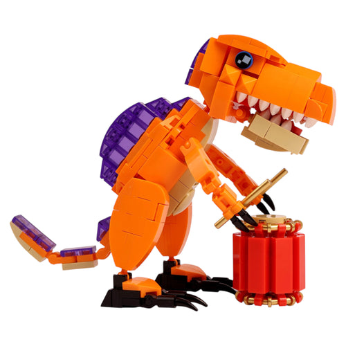 Dino Beats Drummer Brick Figure - dinosaur brick figure collectible by Toymersive